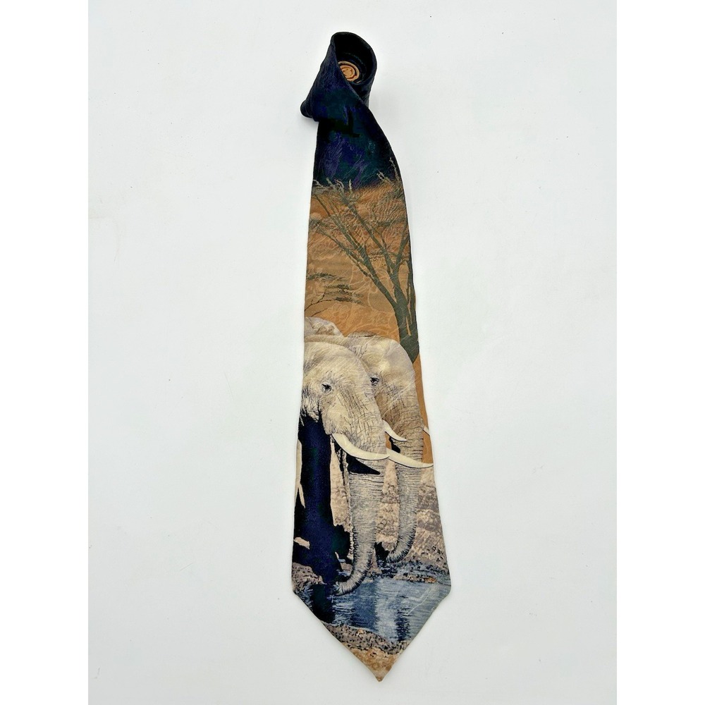 Artist Carol Polich "African Elephants At The‎ Waterhole" 100% Silk Tie USA